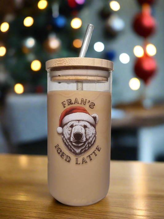 Personalised Christmas - Animal Themed Glass Can - 550ml Reusable Iced Coffee Cup with Lid & Straw - Perfect Secret Santa or Stocking Filler Gift