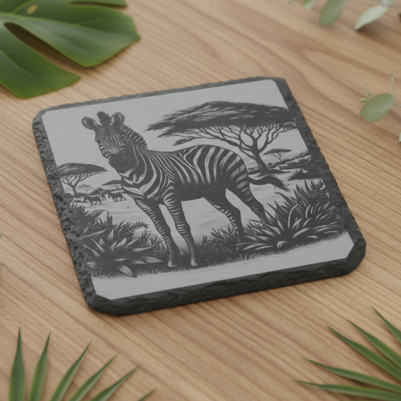 personalised slate or bamboo coaster engraved with a detailed zebra illustration, showcasing its distinctive black-and-white stripes, natural wood or stone texture, perfect for wildlife enthusiasts or as a stylish animal-themed gift.