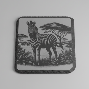 personalised slate or bamboo coaster engraved with a detailed zebra illustration, showcasing its distinctive black-and-white stripes, natural wood or stone texture, perfect for wildlife enthusiasts or as a stylish animal-themed gift.