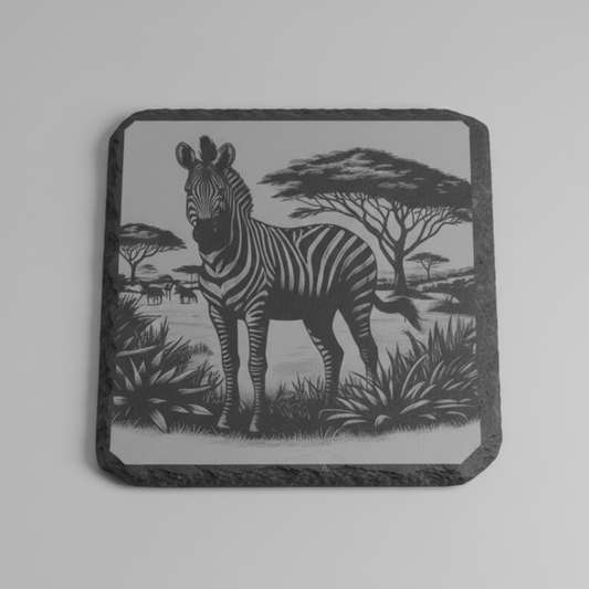 personalised slate or bamboo coaster engraved with a detailed zebra illustration, showcasing its distinctive black-and-white stripes, natural wood or stone texture, perfect for wildlife enthusiasts or as a stylish animal-themed gift.