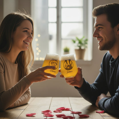 Two glasses of beer with fox and badger illustrations on a red surface.