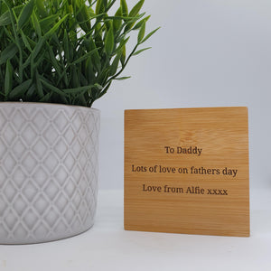 Reverse of personalised Top Dad bamboo coaster showing custom laser engraved personal message, unique Father's Day gift