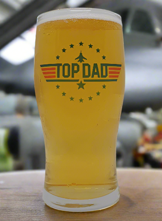 Top Dad pint beer glass with bold ink-printed Top Gun-inspired design – Father’s Day or birthday gift for dad, dishwasher safe with optional bamboo coaster

