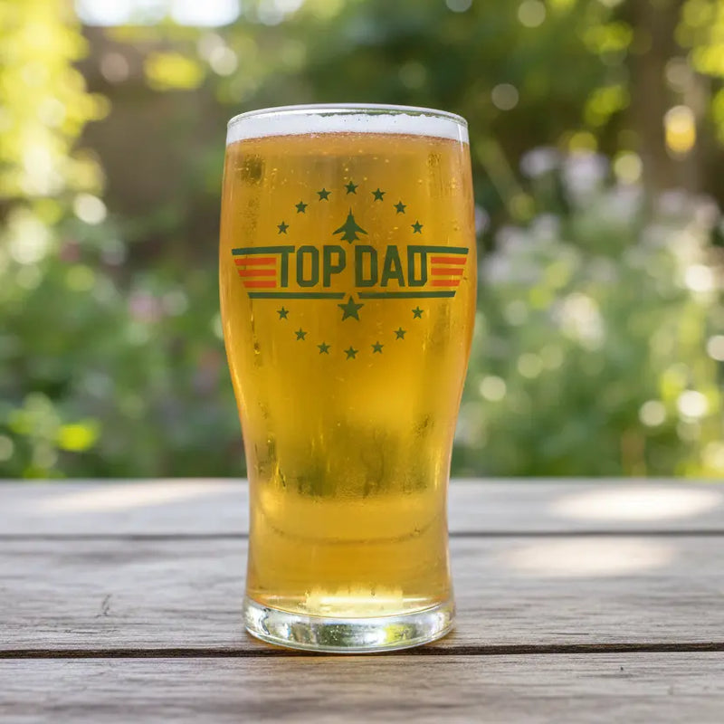Top Dad pint beer glass with bold ink-printed Top Gun-inspired design – Father’s Day or birthday gift for dad, dishwasher safe with optional bamboo coaster

